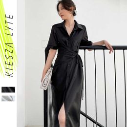 Black Satin Shirt Dress for Women Summer French Vintage Sexy Split Long Short Sleeve Dresses Female Korean 210608