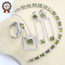 Geometric Olive Green Zircon Silver Color Jewelry Set for Women Bridal Bracelet Long Earring Necklace Pendant Ring Birthday Gift H1022