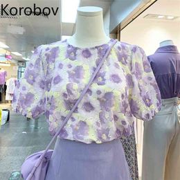 Korobov Purple Print Puff Short Sleeve Women Blouses Spring Summer New O Neck Female Shirts Korean Office Lady Blusas Mujer 210430