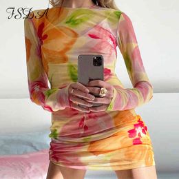 FSDA Mesh 2021 Floral Print Long Sleeve Dress Women Sexy See Through Summer Spring Y2K Beach Party Mini Bodycon Dresses X0521