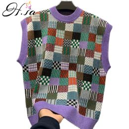 H.SA Women Spring Sleeveless Sweater Vests Off Shouler Retro Plaid Knitted Jumpers Oversized Chic Streetwear Colourful Tops 210417