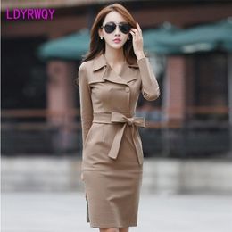 spring and autumn women's long-sleeved dress mid-length temperament slim slimming hip fashion waist 210416