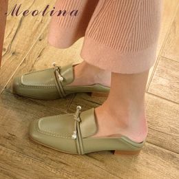 Meotina Low Heel Pumps Genuine Leather Square Toe Loafers Shoes Women Pearl Bow Block Heels Footwear Female Spring Black Size 40 210520