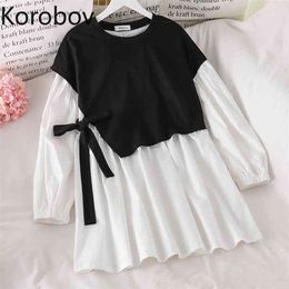 Korobov New Vintage Fake 2 Pieces Women Dress Korean Sweet Lacing Bow Elegant Dresses Preppy Style Patchwork Vestidos 210430