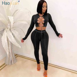 HAOYUAN Sexy Two Piece Set Criss-cross Lace Up Crop Top Pant Sweat Suits Party Club Birthday Outfits for Women Bodycon Tracksuit X0428