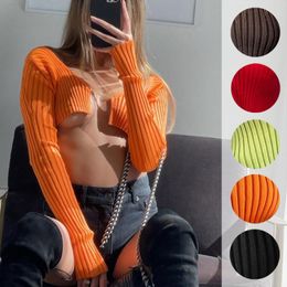 Women's T-Shirt Women Knitted Crop Tops Solid Color Sexy Open Front Connect Long Sleeve Low-Cut V-Neck Slim Ribbed Autumn Shirts