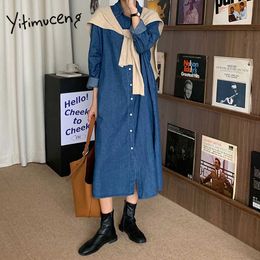 Yitimuceng Long Denim Dresses Women with Shawl Oversize Button Up Midi Dress Korean Fashion High Waist Blue Fall Spring 210601