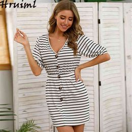 Dress Elegant Striped V Neck Mini Skinny Button Lantern Sleeve Woman Summer Party Streetwear Beach Holidays Casual es 210513