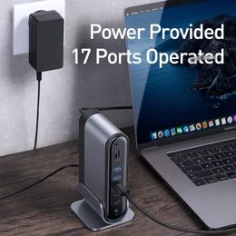 Dual Type-C HUB 17 in 1 RJ45 aluminum alloy to Multi HD VGA 5USB Working Docking Station for Notebook with Power Adapter