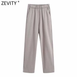 Zevity Spring Autumn Women Fashion Leisure Straight Pants Femme Casual Slim Elastic Waist Pocket Chic Long Trousers P968 210603
