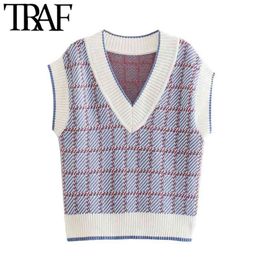 Women Fashion Ribbed Trims Cheque Loose Knitted Vest Sweater Vintage V Neck Sleeveless Female Waistcoat Chic Tops 210507