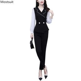 Autumn Elegant Two Piece Set For Women Plus Size Long Sleeve Tunic Turn Down Collar Tops + Elastic Waist Pant Sets Suits Korean 210513