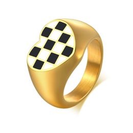 Classic Heart-shaped Black White Checkerboard Grid Band Rings For Women Stainless Steel 18K Gold Plated Geometric Finger Rings Jewellery