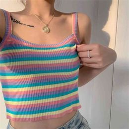 Rainbow Striped Camisole Women Summer Knitted Sleeveless Slim Tank Tops Sexy Basic Chic Colorful Crop Top Streetwear Camis 210407