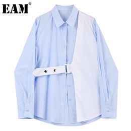 [EAM] Women Big Size Blue White Straps Blouse Lapel Long Sleeve Loose Fit Shirt Fashion Spring Autumn 1DD6324 21512