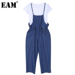 [EAM] Wide Leg Pants Denim Two Piece Suit Round Neck Short Sleeve Blue Loose Fit Women Fashion Spring Summer 1DD6483 21512