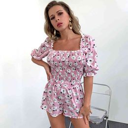 Square Collar Floral Print Beach Boho Playsuit Romper Women Short Sleeve Casual Fashion Playsuits Overalls Rompers 210415