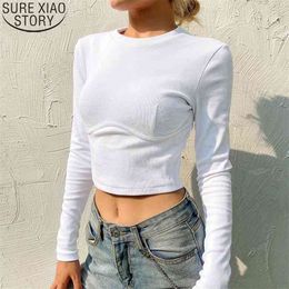 white Wild short T Shirt Soild Female Tshirt Knit Long Sleeve Casual Fashion Tee Club Simple Women Tops Outfits 12844 210506