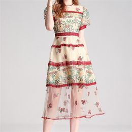 Women Summer Dress Runway Fashion Vintage Floral Embroidery Mesh Overlay Elegant Party Long Dresses 210603