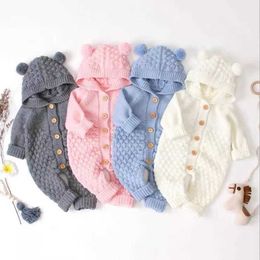 Unisex Baby Boy Bear Hoode Romper Lovely Knitted Sweater for Girls Cotton Clothes Onesie Blue Pink Grey 210529