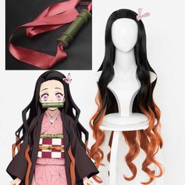 Demon Slayer Kimetsu no Yaiba Kamado Nezuko Cosplay Wig Heat Resistant Synthetic Hair Wigs +Wig Cap + Bamboo Props Sealing Stick Y0903