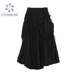Irregular Black pleated Skirts Women Autumn Solid A-line High Waist Hem Ruffles Ruched Casual Elegant Fashion Female Skirts 210417