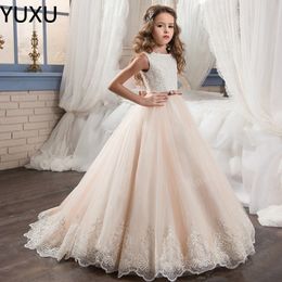 2022 New Flower Girl Dresses For Weddings Rose Gold Sequined Lace Sequins Bow Open Back Sleeveless Girls Pageant Dress Kids Communion Gowns