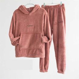 Warm Flannel Pajamas for Women Pyjama Sets Autumn Winter Pijamas Casual Homewear Suit Hooded Top Trousers Two Piece set 211215