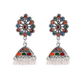 Geometry Indian Court Alloy Earrings Vintage Jhumka Jewellery Gypsy Ethnic Pearls Tassel Birdcage Ladies Dangle Earrings