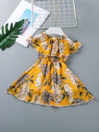 Toddler Girls Plants Print Cold Shoulder Ruffle Dress SHE