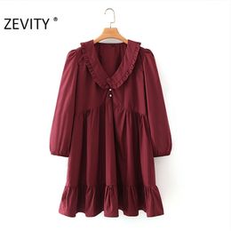 Spring Autumn Women Fashion Agaric Lace Solid Pearl Button Shirtdress Office Ladies Chic Hem Pleat Ruffles Vestido DS4536 210420