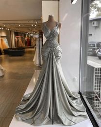 Arabic Aso Ebi Silver Mermaid Evening Dresses Spaghetti Straps Pleats Sequins Beaded Crystals Formal Party Prom Gowns Speical Occasion Dress Vestidos