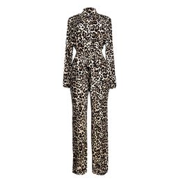 Women Jumpsuit and Rompers Autumn Leopard Print Long Sleeves Full Length Pants Sashes Elegant Ladies Office Party XL 210527
