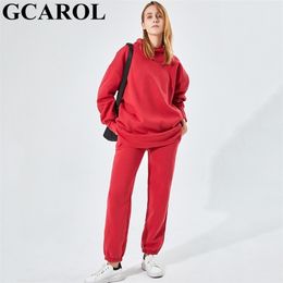 GCAROL Fall Winter Women Long Hooded Suits 80% Cotton Fleece Oversized Boyfriend Sweatshirt Elastic Waist Harem Pants 211007