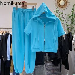 Nomikuma Women Two Pieces Outfits Short Hooded Sweatshirt Tops + Lace Up Waist Harem Pants Korean Causal Solid Pant Sets 6H132 210427