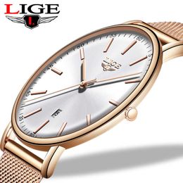 LIGE s Stainless Steel Ultra-Thin Casual Wristwatch Quartz ClockTop Brand Luxury Waterproof Watch Womens Watches Fashion Ladie 210616