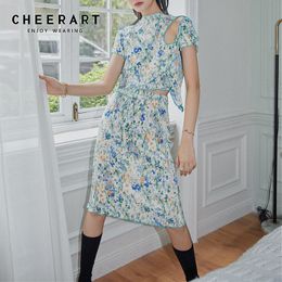 Mint Green Floral Ribbed Skirt Women High Waist A Line Knee Length Casual Summer Korean Style Fashion 210427