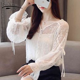 women's tops and blouses lace sexy fashion feminine blouse causal V neck long sleeve button shirt blusas 0794 30 210521