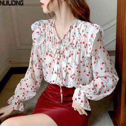 V-neck Ruffles Women's Chiffon Blouse Autumn Flare Sleeve Floral Print Female Loose Bow Collar Shirts Tops Casual 210514