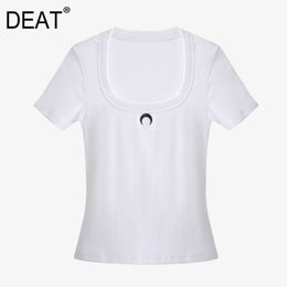 [DEAT] Women White Crescent Printing Simplicity T-shirt New Round Neck Short Sleeve Slim Fit Fashion Tide Summer 7E1052 210428