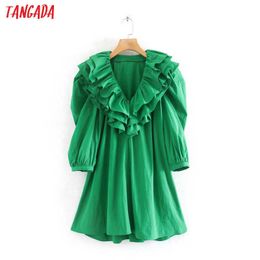Tangada Fashion Women Ruffles Green Summer Mini Dress Short Sleeve V Neck Ladies Loose Mini Dress Vestidos 2W133 210609