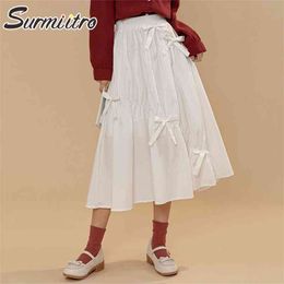 Spring Summer Sweet White Black Midi Skirt Women Korean Style Patchwork Aesthetic High Waist Long Female 210421