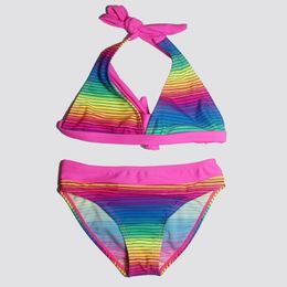 New Rainbow Color Bathing Suit Tight Elastic Stripe Children Split Swimwear Girls Bikini Girl Beach Swimsuit