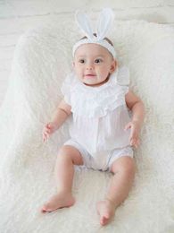 Baby Solid Swiss Dot Ruffle Trim Romper With Headband SHE