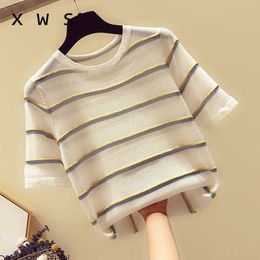 oversize sweater Thin Summer Striped Sweater Knitted Elastic Short Sleeve Fashion Woman Clothes Sweater Womens Pullovers 210604