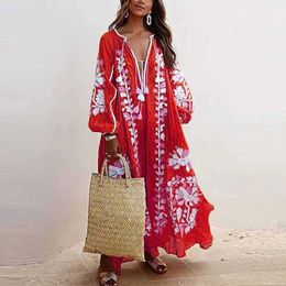 Vintage Elegant Dress Women's Print Loose V-neck Long Sleeve Maternity Dress manga larga vestidos de mujer casual#35 Q0713