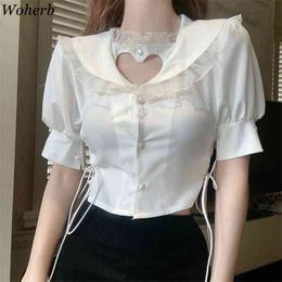 Heart Hollow Out White Blouse Women Sexy Slim Crop Top Shirt Lace Patch Bandage Blusas Korean Chic Summer Cute Tops 210519