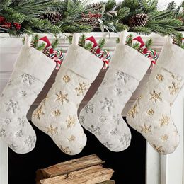 Christmas Decorations Plush Beads Socks Gold Silver Embroidered Snowflakes Xmas Stockings Gift Bag Tree Pendant