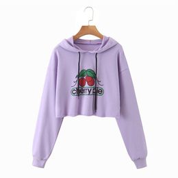 HSA Women Purple Cropped Hoodies Casual Cherry Print Hooded Long-sleeve Sweatshirt Pullover Navel Autumn Pullovers Hoodie 210417