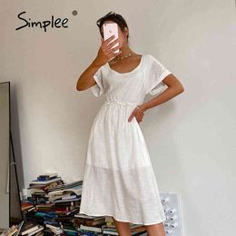 Sexy backless soild white Colour A-line women Summer causel short sleeve chic ladies holiday female dress 210414
